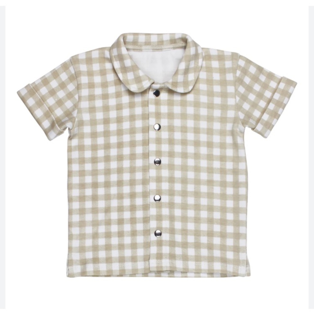 L’ovedbaby Kids Organic Button-Up Shirt in Stone Gingham